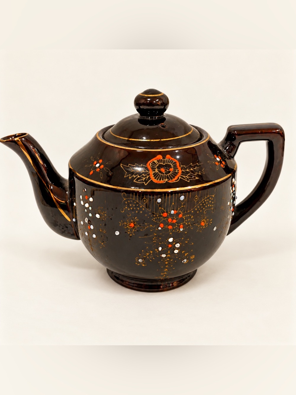 Vintage Enesco Imports Japan Teapot Brown Floral Gold Trim with Lid